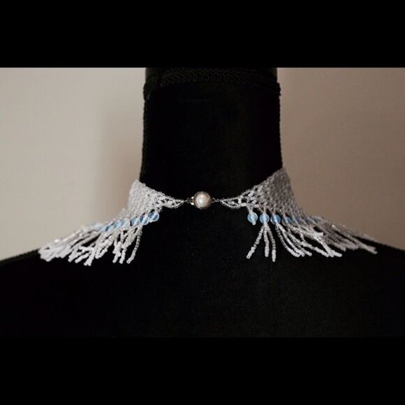 Handmade Bridal White Seed Bead Scarf Necklace | Fringe Beaded Choker Collar - Picture 3 of 7
